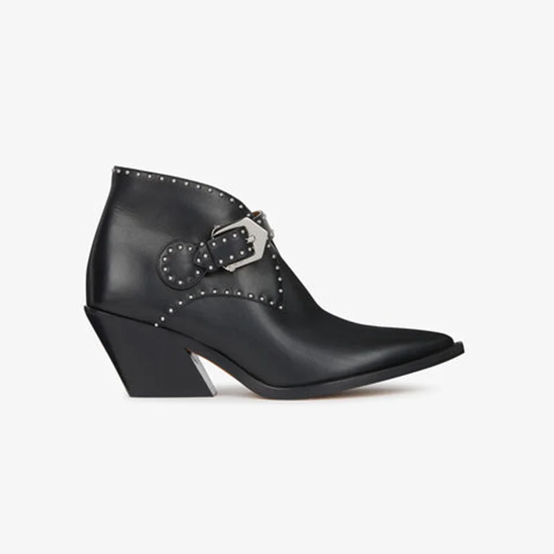 

Chelsea Boots Black Women Ankle Boots High Heel Chic Rivets Embellished Belt Buckle Design Short Booties Brand Star Runway Shoes