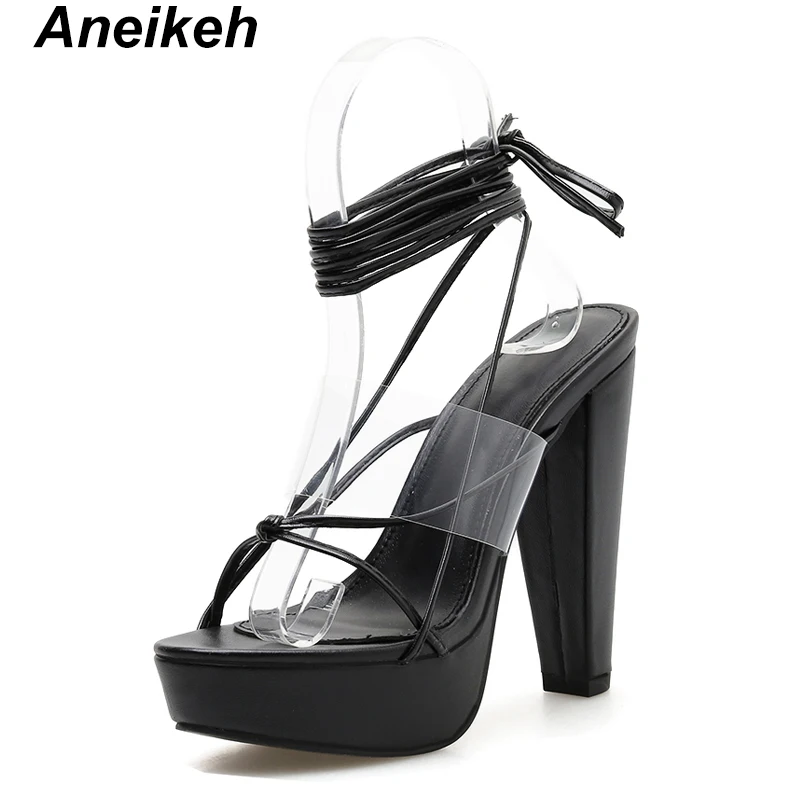 Aneikeh Sexy PVC High Heels Sandals Platform Narrow Band Ankle Strap Chunky Heels Women Pumps Lace Up Summer Dress Sandals Mujer