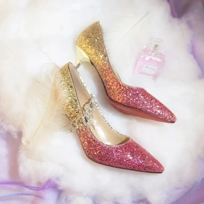 

Shoes woman 2018 Europe and the United States new women low to help pointed sequins high heels with sexy shoes 8CM Luxury