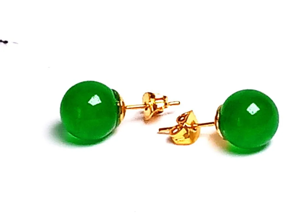 Koraba 14K 3D Gold Inlaid Natural Green Jade Ball 10mm Beads Earrings
