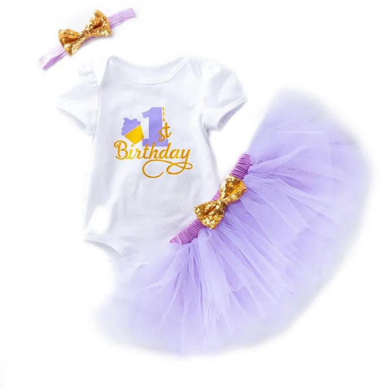 Muababy/комплект одежды на день рождения для новорожденных девочек от 0 до 24 месяцев, летний детский комбинезон с бантиком, повязка на голову и детская юбка-пачка, наряд для 1 вечеринки - Цвет: Lavender Outfit