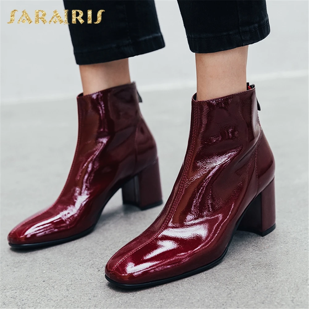 

Sarairis Brand Design Cow Leather Chunky Heels Ankle Boots Woman Shoes Zipper Square Toe INS Hot Boots Women Shoes Woman
