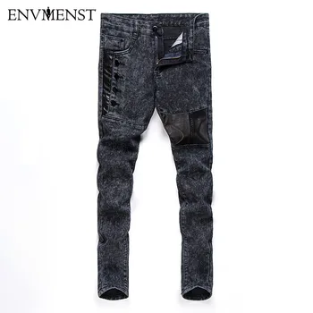 

2017 Men's Skinny Stitching Leather Pants Long Button Motorcycle PU Brand Fashion Military Sweatpants Harem Jeans Men Clothing