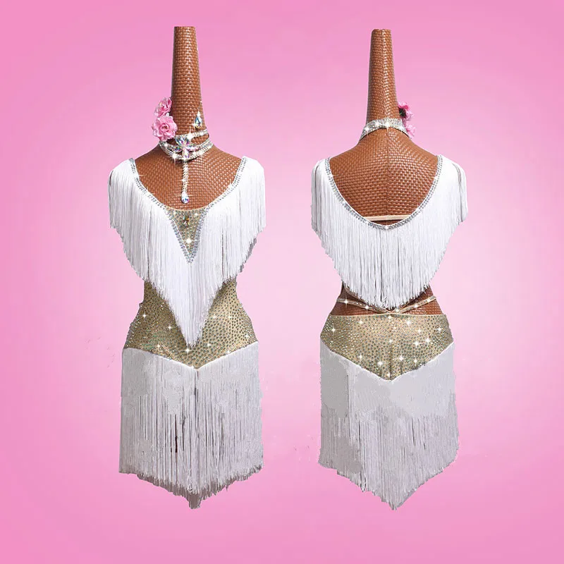 DHL,, костюм для латинских танцев, белые стразы с бахромой, платье для латинских танцев для женщин, платья для латинских танцев