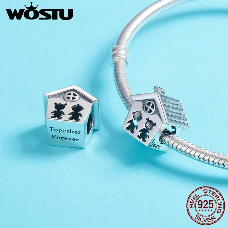 WOSTU 100% Pure 925 Sterling Silver Openwork Boy and Girl Loving Home Family Beads for Women Charm Bracelet Warm Gift BKC538