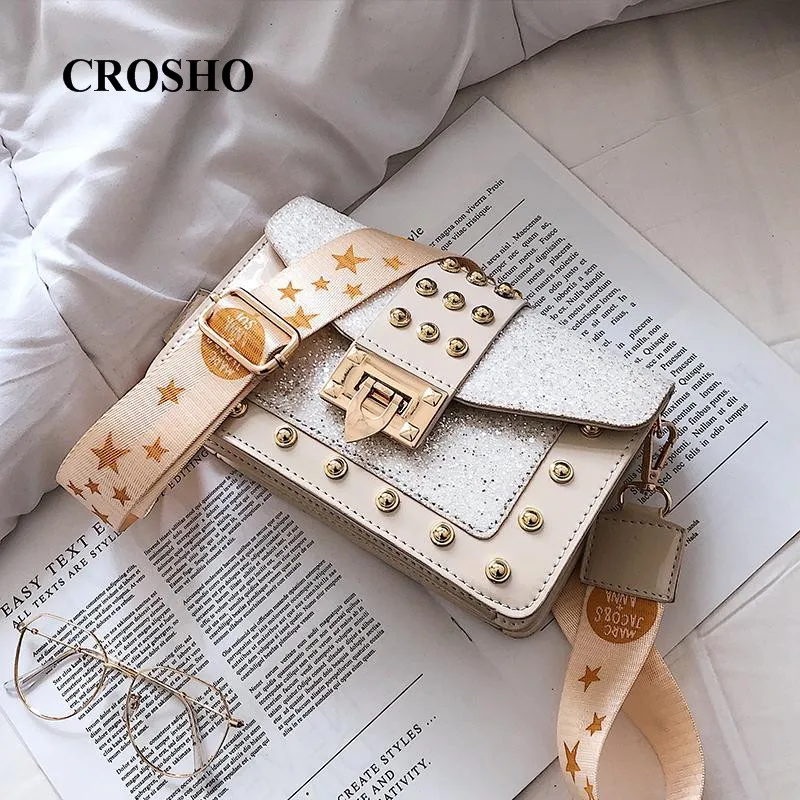 

CROSHO Advanced Flap Women Sequined Rivet Cross Body Bag Wide Shoulder Strap Single Sequins Rivet Messenger Bags