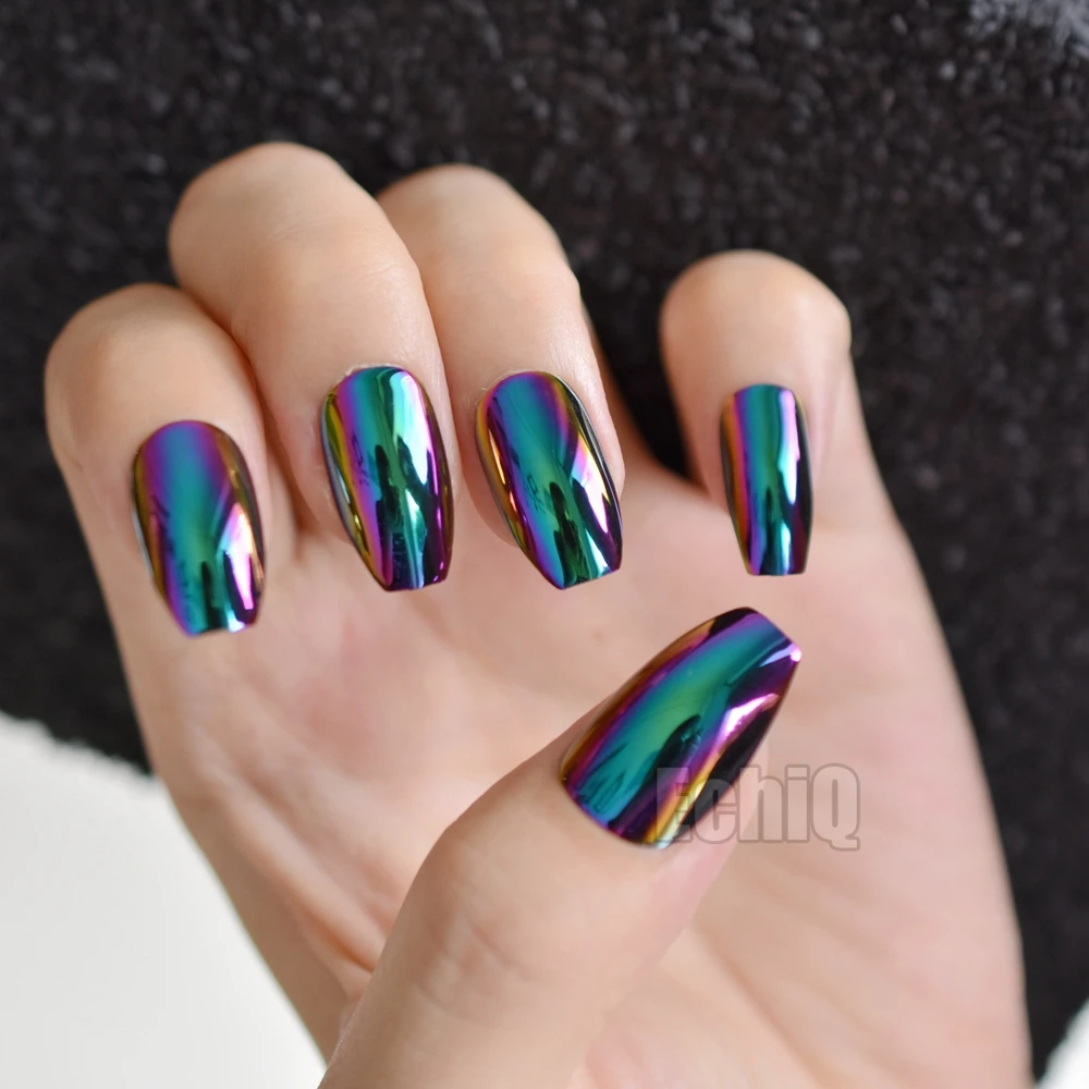 Super Holographic Blue Purple Coffin Nails Mirror Chrome Square Ladies Fake  Nails Quality Tips For Fingers Z905 - False Nails - AliExpress