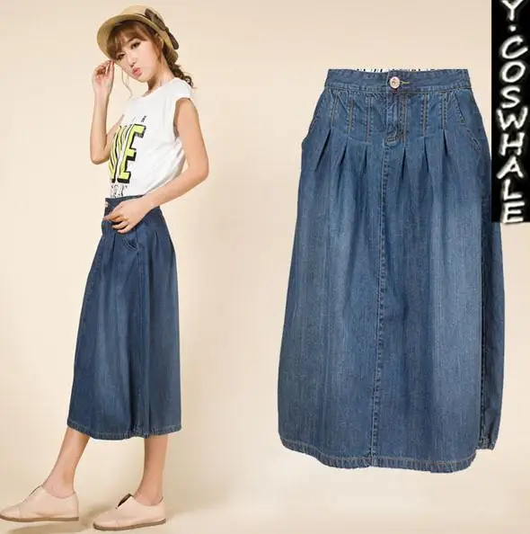 New women's Pleated skirt Lady Cotton Casual Denim Skirts New Loose Long Design Women Fashion A