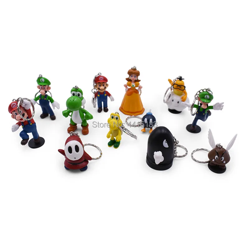 18 pcs/lot Anime Super Mario Bros keychain Peach Donkey Kong Yoshi Luigi Toad PVC Action Figure Doll Collectible Model Toy