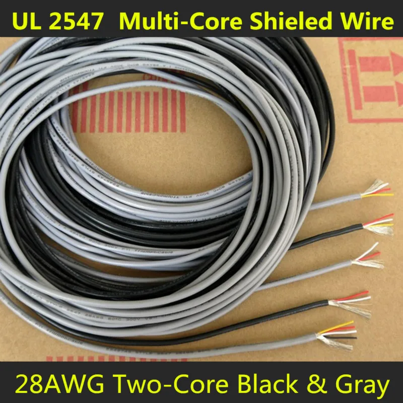 

28AWG 2Cores Multicores Shielded Wires Tinned Copper Controlled Cable Headphone UL2547 Black & Gray color 1/5/20/50 Meters