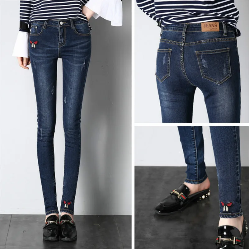 

2019 spring autumn Korean elastic force Harlan jeans new fashion embroidery jeans women elastic slim thin section feet trousers