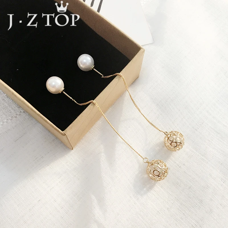 

JZTOP Exquisite Hollow Metal Ball Zircon Imitation Pearl Drop Earrings Woman Gold Color Ear Line Party Jewelry Brincos