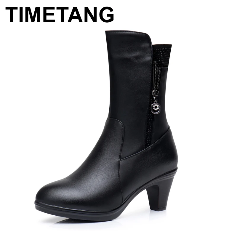 TIMETANG 2021 новые зимние сапоги до середины икры женские ботинки из натуральной кожи