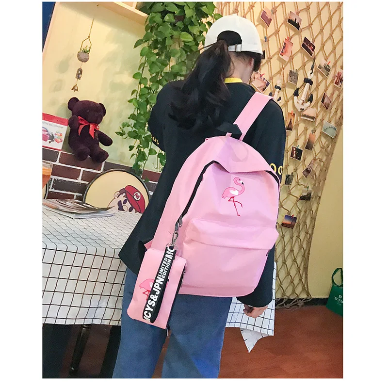 Harajuku school bag female Korean version of ulzzang high school students flamingo print campus college wind canvas backpack