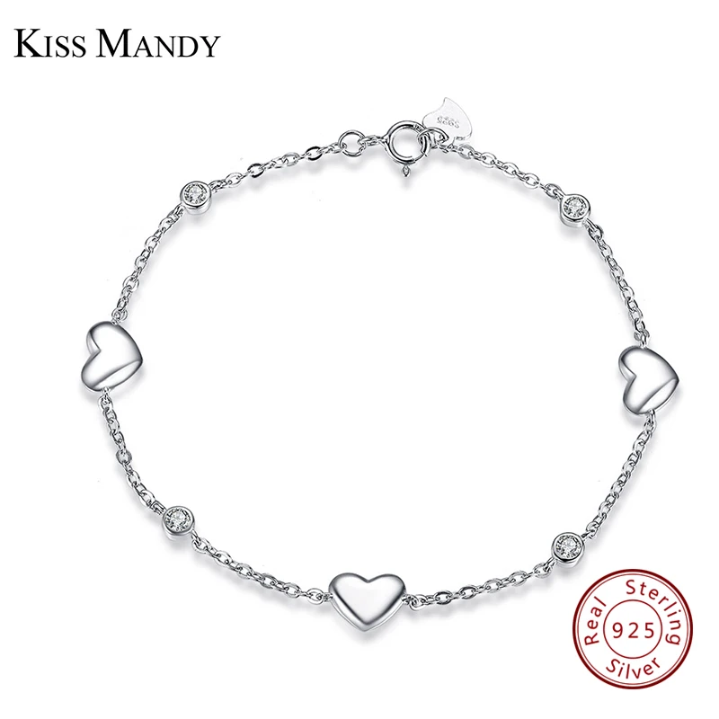 Браслет KISS MANDY из стерлингового серебра 925 пробы для женщин, из 3 частей, подлинный 925 серебряный браслет в форме сердца, вечерние ювелирные изделия KSB02