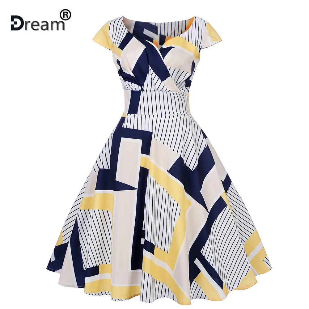 

2019 Women Summer Dress Short Sleeve V Neck Elegant Vintage Dresses Floral Print Swing Party Office Dress Plus Size Midi Vestido