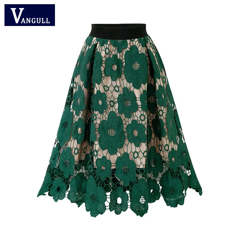 Vangull Летняя женская юбка Новая высококачественная открытая кружевная юбка корейский стиль Высокая талия тонкая трапециевидная юбка до середины икры