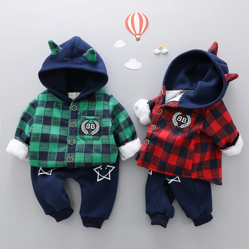 

Baby Boy Girl Clothes Plaid Warm Suit Infant Winter Velvet Thicken Coat + Waistcoat + Pant Clothing Set Children Outerwear Coat