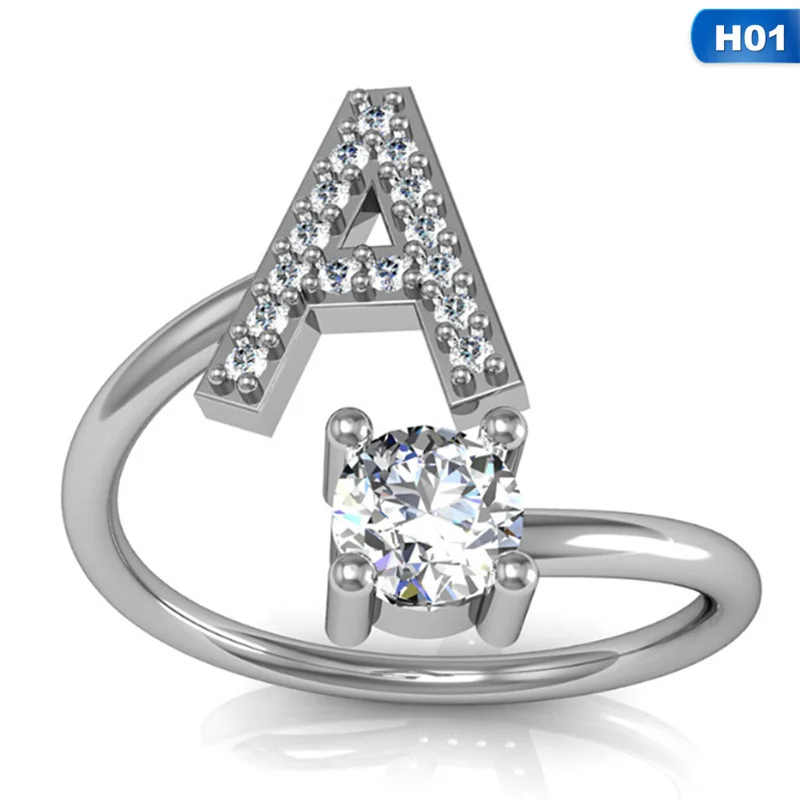 

Fashion 26 Letters Silver Ring For Women Rhinestone Open Finger Rings Female Engagement Ring Jewelry Anel Party Gift