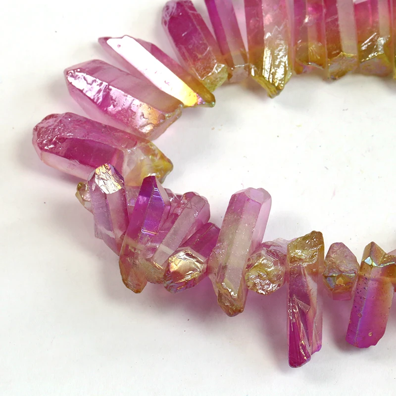 

Electroplated Drilled Strand Dyed Yellow Red Quartz Crystal Point Irregular Pendant Gradient Spike Gem Stone Beads Necklace