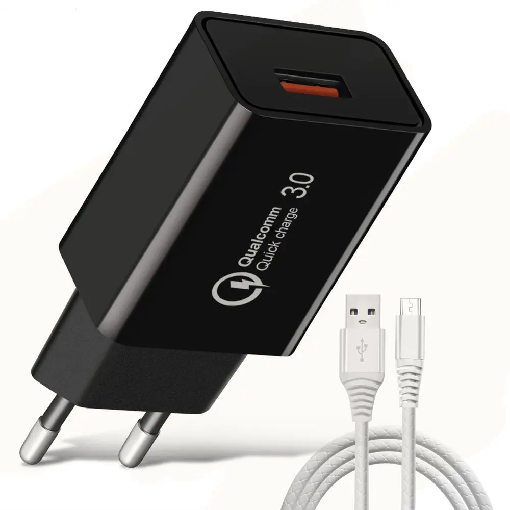 ESSIEN 18 Вт быстрое зарядное устройство 3,0 ЕС вилка для мобильного телефона микро USB быстрое зарядное устройство USB адаптер настенное зарядное устройство микро USB кабель для планшетов - Тип штекера: Black-1m White Cable
