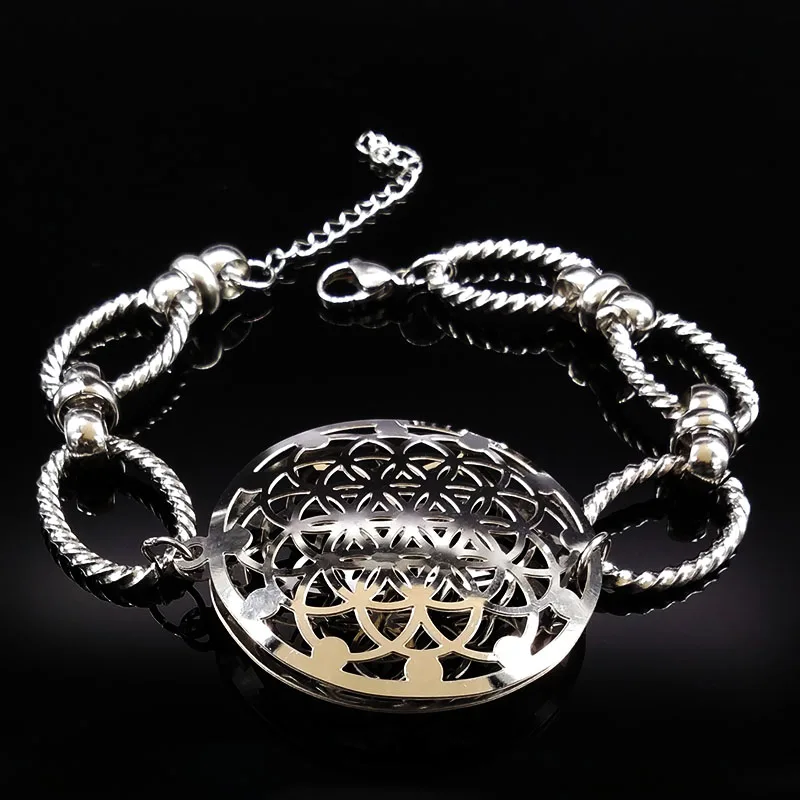 Мода цветок серебряный цвет из нержавеющей стали браслет цепочка для женщин большое круглое очарование ювелирные браслеты pulseras B17972