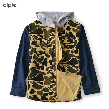 

aipie Children Boys Jackets New Design Patchwork Camouflage Color Denim Cotton Hooded Coats For 4-12 year Kids Clothing
