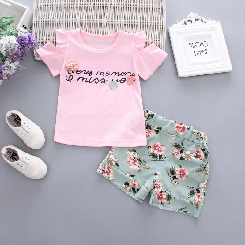 Baby Girls Clothes Floral Printed Short Sleeve Strapless T-shirt+Pant 2Pcs Girl Set Kid Outfit Lady Suit Princess Child set A293 girls clothing set