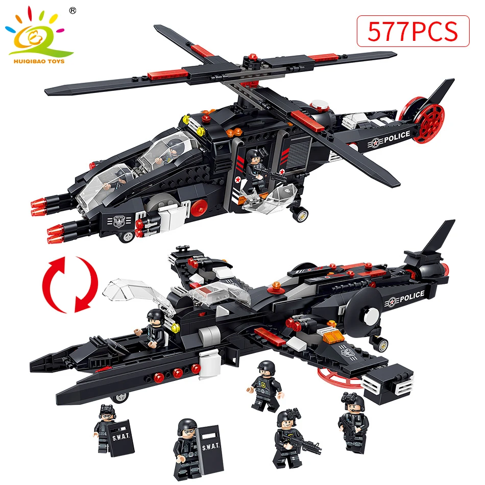 

577PCS Military Fighter Swat Team Plane Building Blocks Compatible Legoed Military Helicopter Bricks Pilot Figures Toys For Boy