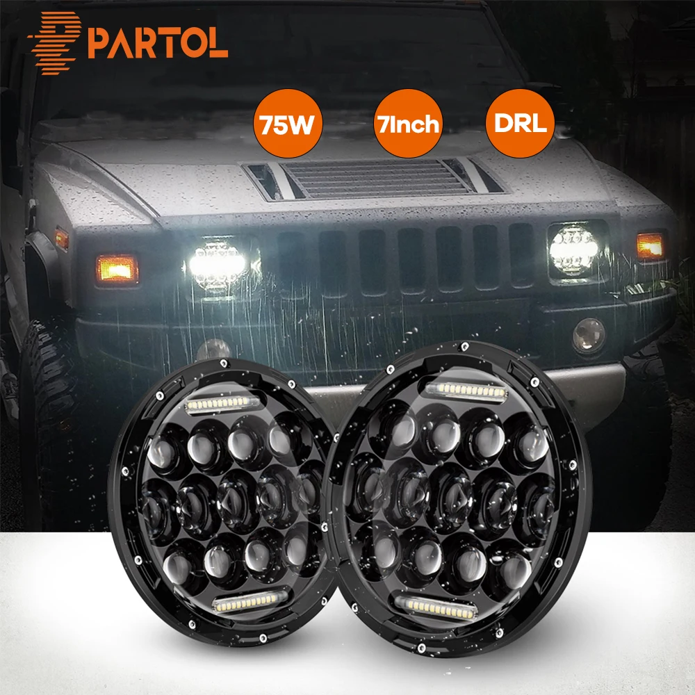 

Partol 7inch 75W DRL LED Headlight Bulbs Led Driving Lights H4 H13 Hi lo Headlamp for JEEP Wrangler/Land Rover/Hummer/Harley