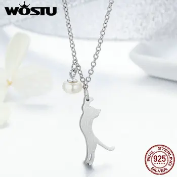 

WOSTU Genuine 925 Sterling Silver Naughty Kitty Cat Cute Animal Pearl Ball Pendant Necklace For Girl Chic Jewelry S925 BKN175