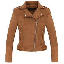 New Fashion Women suede motorcycle jacket Slim brown full lined soft faux Leather female coat veste femme cuir epaulet zipper