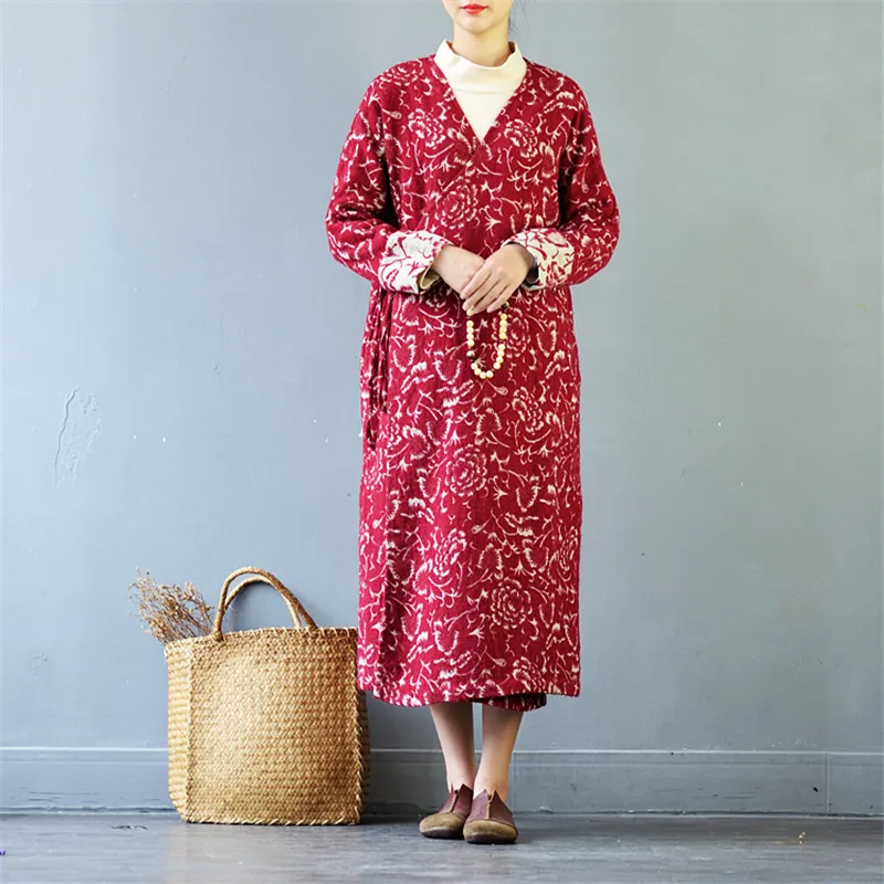 Red SCUWLINEN женские осенние зимние куртки винтажные свободные с v-образным вырезом регулируемая талия жаккардовые льняные шерстяные длинное пальто кардиган S468 - Цвет: Red