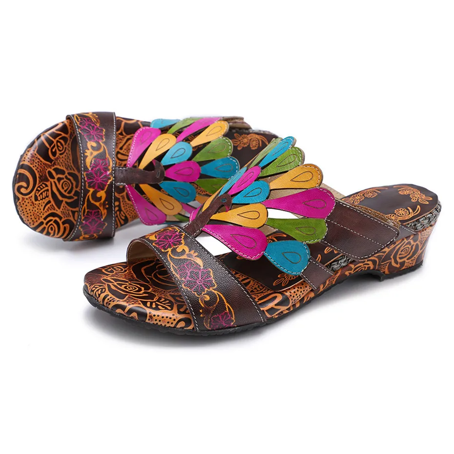 Genuine Leather Bohemian Luxury Slippers Women Shoes Vintage Handmade Peacock Design Summer Beach Slipper Slides Wedge Heels New (7)