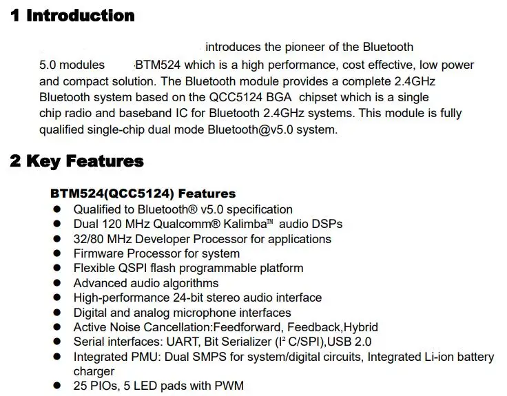 BTM320 QCC3020/BTM334 QCC3034/BTM524 QCC5124/BTM525 QCC5125 Bluetooth 5,0 аудио модуль