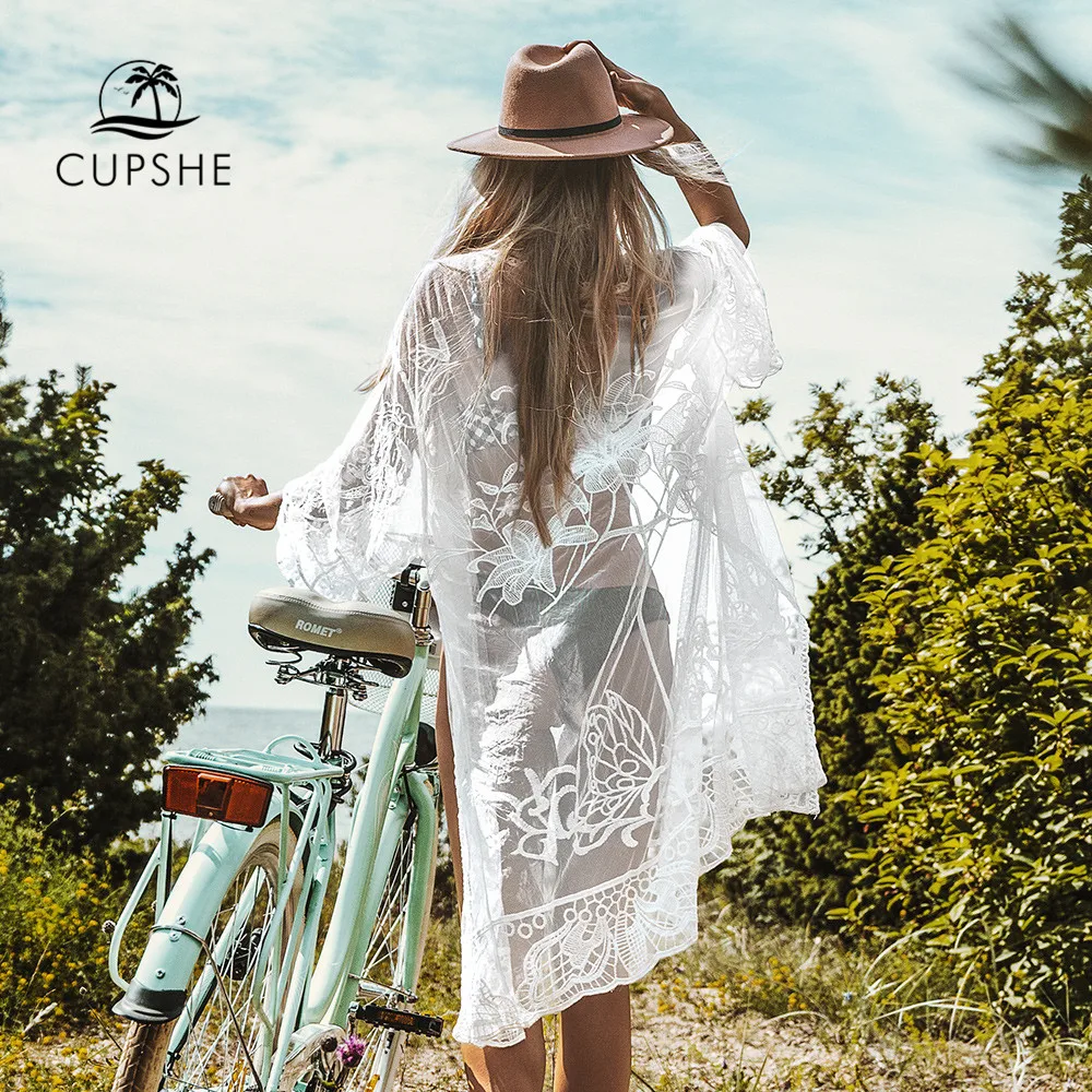 CUPSHE белые лилии закрывают сексуальное прозрачное кружевное длинное кимоно