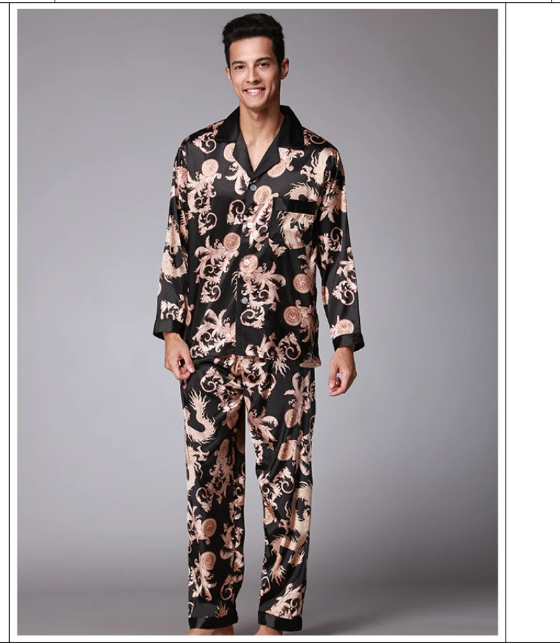 SSH004 High Quality Printed Wedding Mens Pajamas Satin Silk Nightgown Sleepwear Spring Autumn Male Full Sleeves Pants Pajama Set plus size silk pajamas