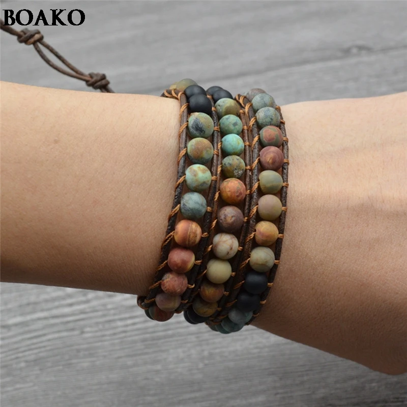 

Bohemian Bracelet High Quality Natural Stone bead Multi-layer Leather Rope Wrap Bracelet Women Beaded Couples Bracelet A40