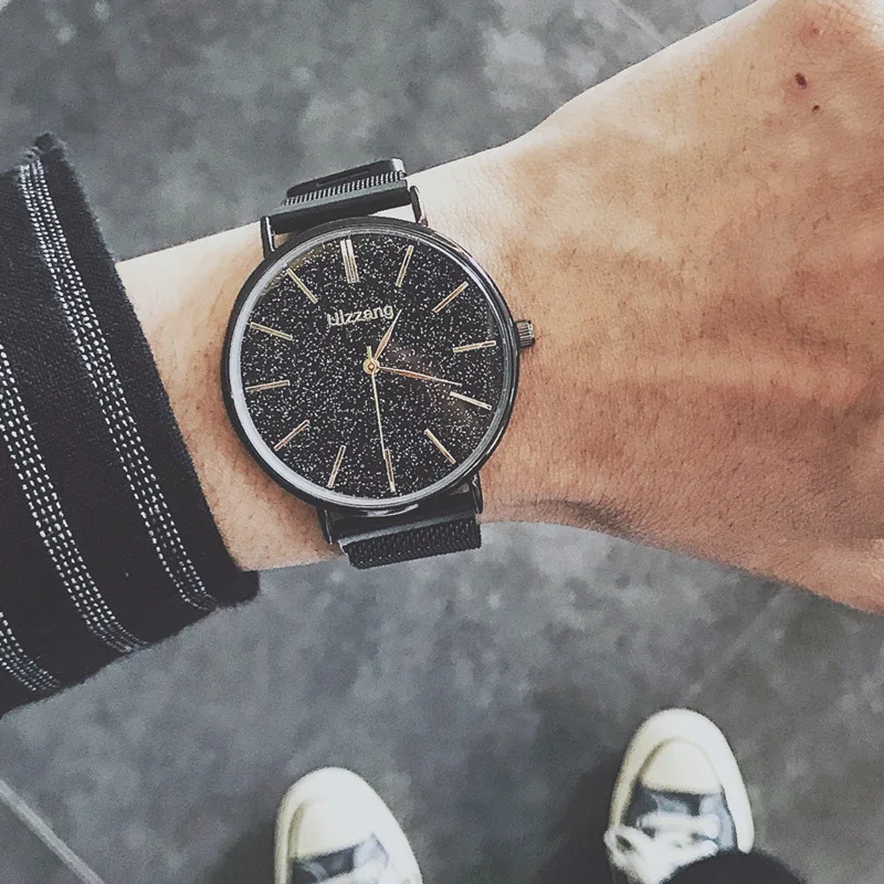 

Simple Fashion Watch Man Sturry Bling Men's Quartz Watches Metal Mesh Leather Magnet Magnetic Force Creative Male Dress Watch