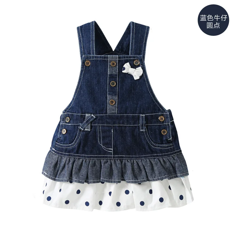 2018 Baby Girls Denim Dress Overalls Infant Jean Bowknot Polka Dot
