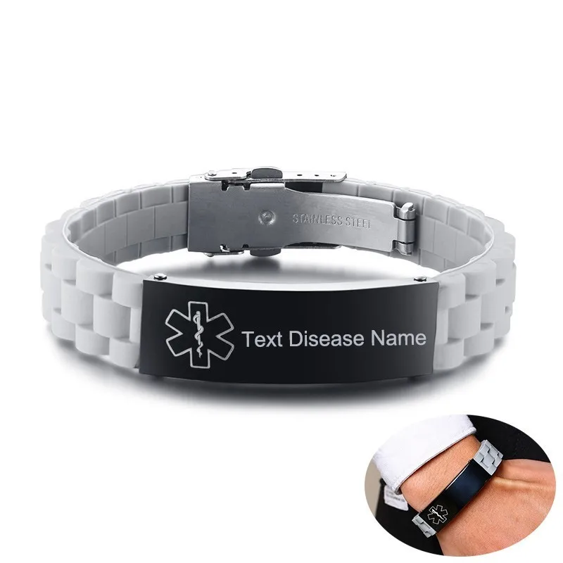 

Free Custom Write Text Disease Name Medical Bracelet for Men Women Sports Silicone ID Bangles with Your Own ICE Reminder Info