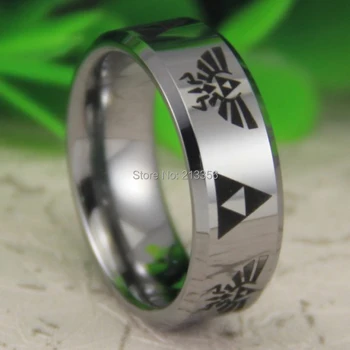 

Free Shipping USA UK CANADA RUSSIA Brazil Hot Selling 8MM Shiny Silver Beveled LEGEND Of ZELDA &Triforce Tungsten Wedding Ring