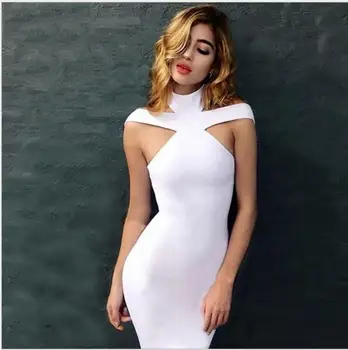 

O-neck sleeveless black white red pub sexy party celebrity strap hollow out bodycon bandage dresses wholesale