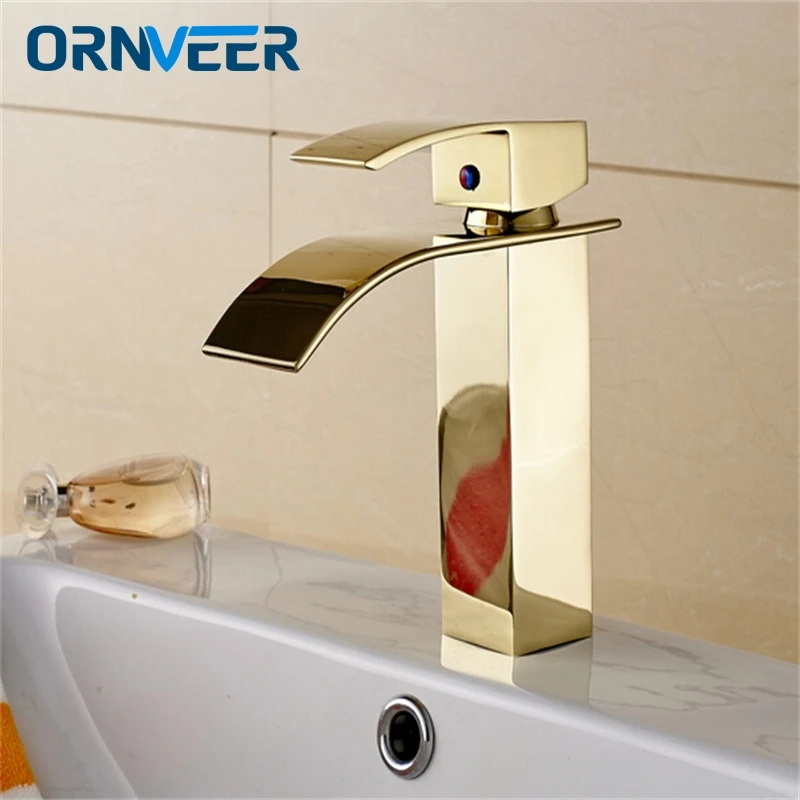 Gold Plated Bathroom Waterfall Faucet Square Basin Sink Mixer Tap G 001