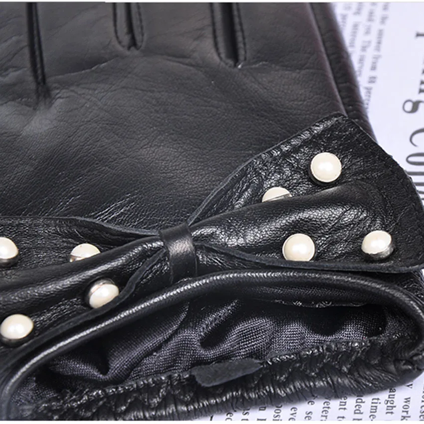 NEW women Genuine leather gloves fashion bowknot thin wrist lady sheepskin gloves colorful warm winter leather gloves