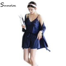 Smmoloa Для женщин пикантные шелковые атласные пижамы Кружево ночной сон одежда комплект из 3 предметов пижамы стиль