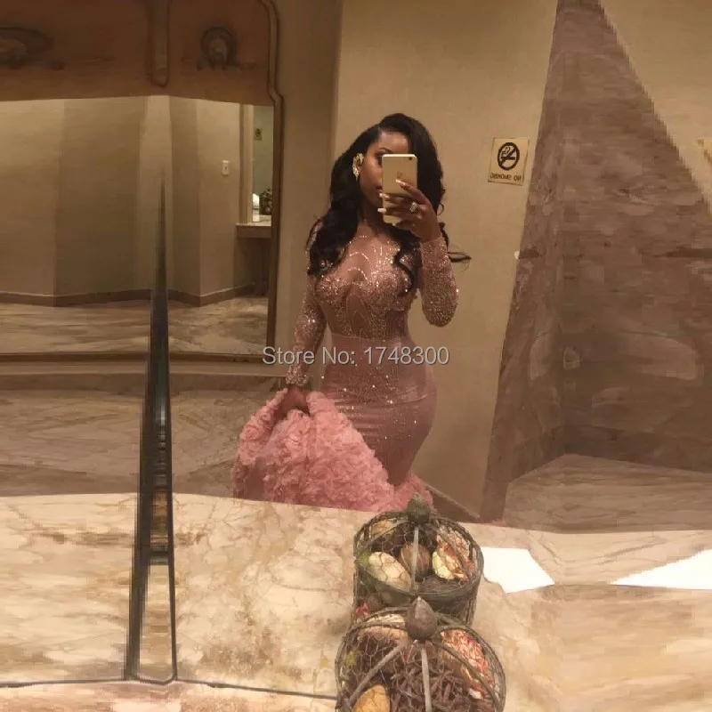 Robe-de-Soiree-African-Luxury-Mermaid-Pink-Prom-Dresses-2017-Sexy-Sheer-Lace-Crystal-Ruffled-Long (2)