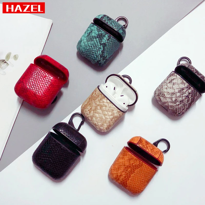 

HAZEL Snakeskin pattern leather Wireless Earphone Charging Cover Bag case for Apple Airpods 1/2 Bluetooth headset protection box