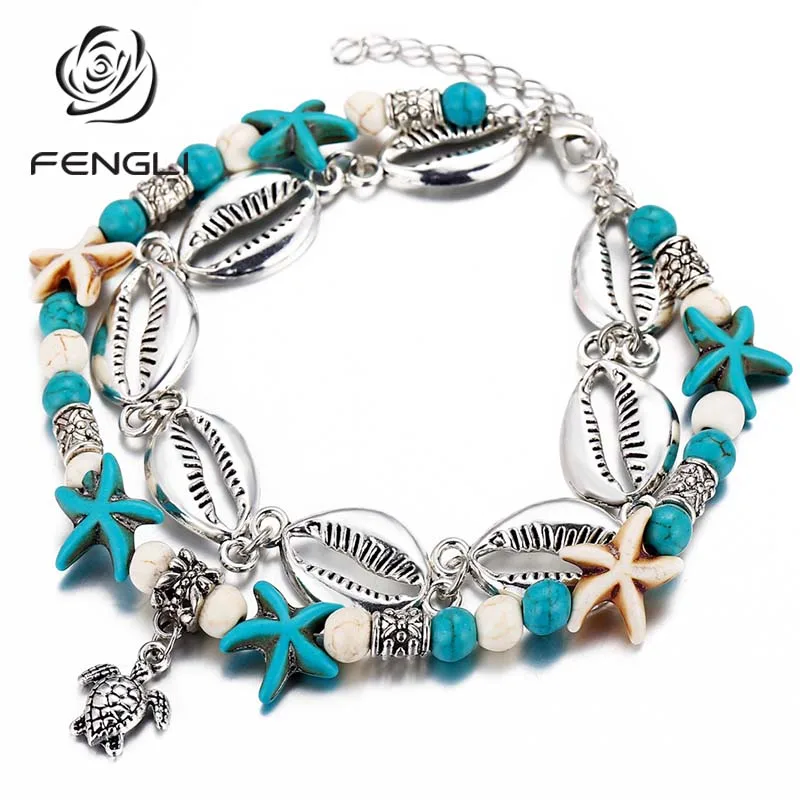 

FENGLI Metal Shell Tortoise Anklets for Women Girl Beads Starfish Punk Foot Barelet Leg Chain Female Double Layer Beach Jewelry