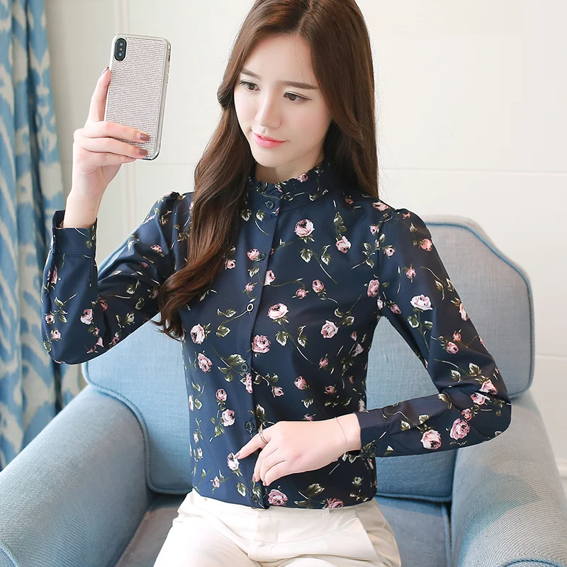 Dingaozlz جديد نمط المرأة بلوزة شيفون الإناث زهرة OL قمم الأزياء طويلة الأكمام زهرة قميص مطبوع
